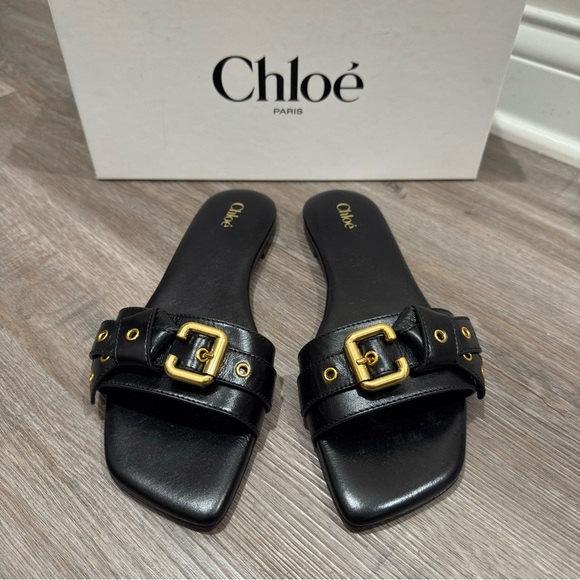 Chloe Mae Black Leather Buckle Slide Sandals - Picture 2 of 10